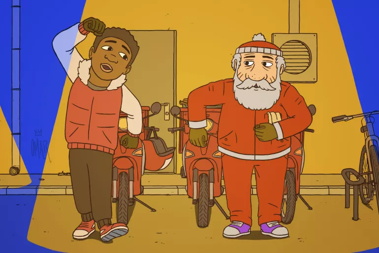 Marcel le Père Noël et le petit livreur de pizzas