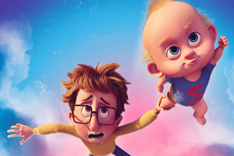 affiche du film super charlie avec un bébé super héro qui vole dans le ciel en tenant son frère par la main