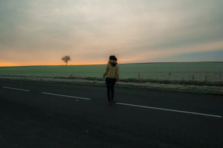 Au milieu d’une route bitumée, se trouve une femme de dos habillée d’une veste jaune et d’un pantalon. Elle est face à une grande étendue d'herbe sur laquelle on aperçoit au loin à gauche, un arbre sans feuille. Le sol est recouvert de givre, on peut imaginer que cette femme est dehors un matin d’hiver, très tôt. Le soleil semble sur le point de se lever sur ce paysage de campagne. 