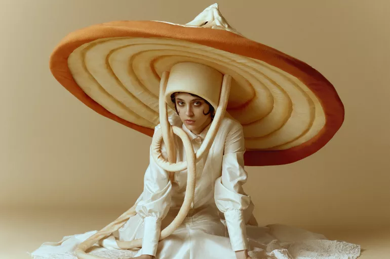 Sur un fond crème, une femme se tient debout et nous regarde. Elle porte un chapeau orange surdimensionné pouvant s’apparenter à un champignon. Deux tiges très longues en sortent et forment un nœud sur sa poitrine, comme pour accrocher ce chapeau. Elle est habillée d’une grande robe blanche à manches longues dont quelques fils maladroits pendent à son extrémité. Elle tient dans chacune de ses mains un bout de la robe pour la soulever à l’image d’une révérence.