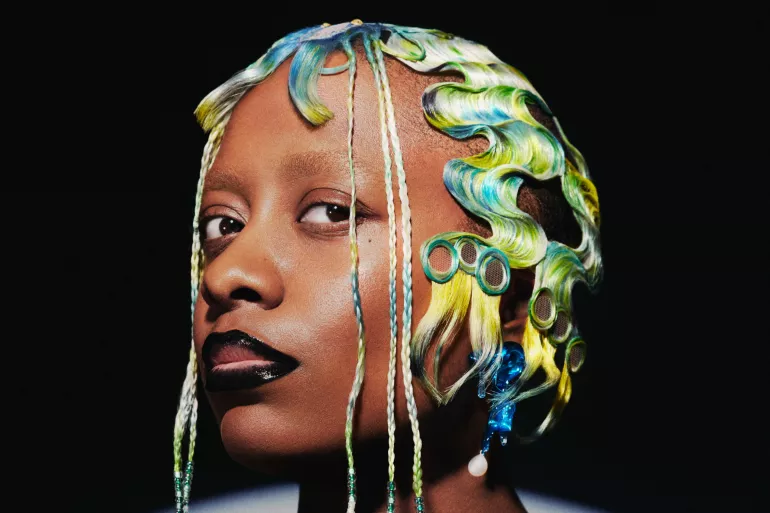 Une femme, Cécile McLorin Salvant, le visage légèrement de profil regarde l’objectif du coin des yeux. Elle est maquillée d’un rouge à lèvres noir qui dessine le contour de ses lèvres. Sa coiffure très travaillée, elle porte une perruque dans des tons très colorés : verts, bleus et jaunes et, ses cheveux sont plaqués et font penser au style des années 30. Deux mèches font offices de frange et trois petites tresses souligne son visage.