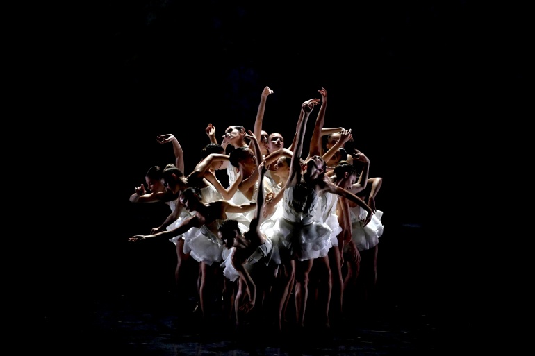 Quinze danseuses habillées de corsets et de tutus blancs sont regroupées au centre de l’image, le fond noir contraste avec leurs tenues. Elles sont dans l’exécution de mouvements semblant lents, doux et délicats. Elles font des arabesques avec leurs bras. Leurs corps donnent l’impression de ne faire qu’un. 