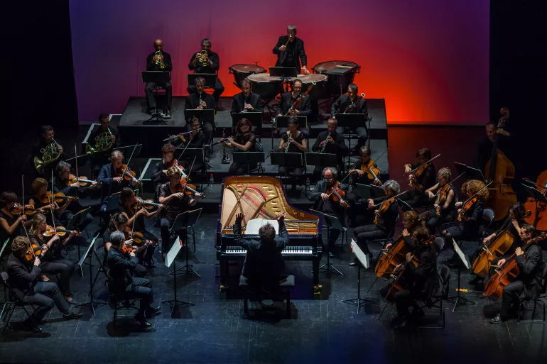 Au premier plan, un homme est assis de dos sur un piano à queue ouvert. Il a les bras levés en l’air. Il semble être le chef d’orchestre. Autour de lui est disposé un orchestre en arc de cercle. A sa droite, un ensemble de cordes : violoncelles et violons. Face à lui, les vents : clarinettes et flutes. A sa gauche : seulement des violons et dans le fond des cors. La scène est noire, le fond aussi ainsi que les costumes des musiciens. Cet ensemble sombre fait ressortir les couleurs des différents instruments